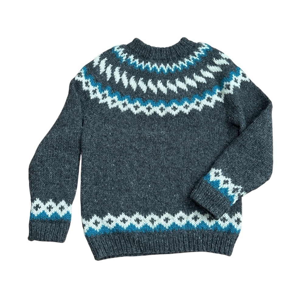 Handmade Icelandic/Lopapeysa Style Wool Sweater (Large) Grey Teal Chunky Knit - Picture 3 of 9